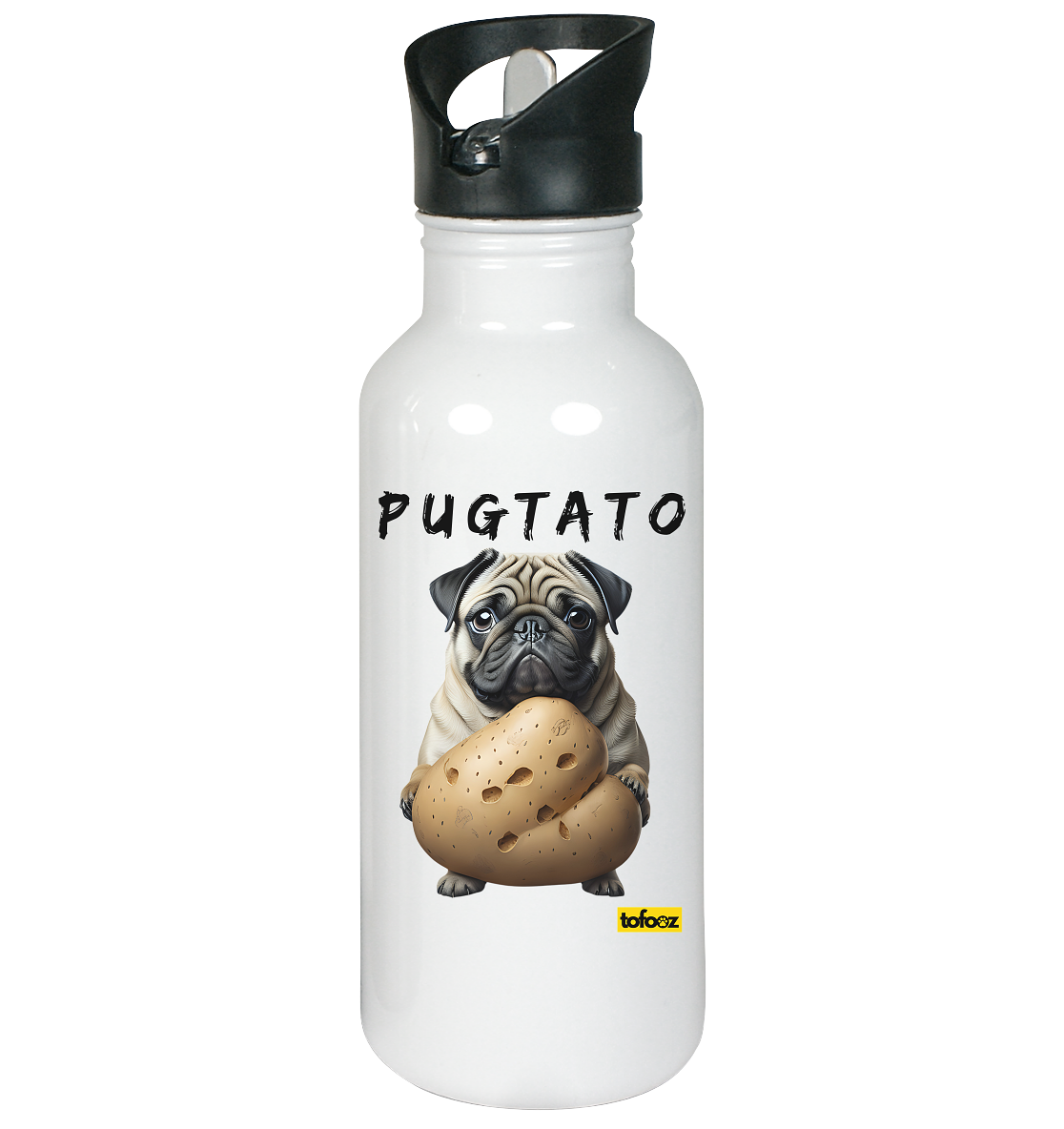 Pugtato - Pug - Stainless Steel Drink Bottle With Straw
