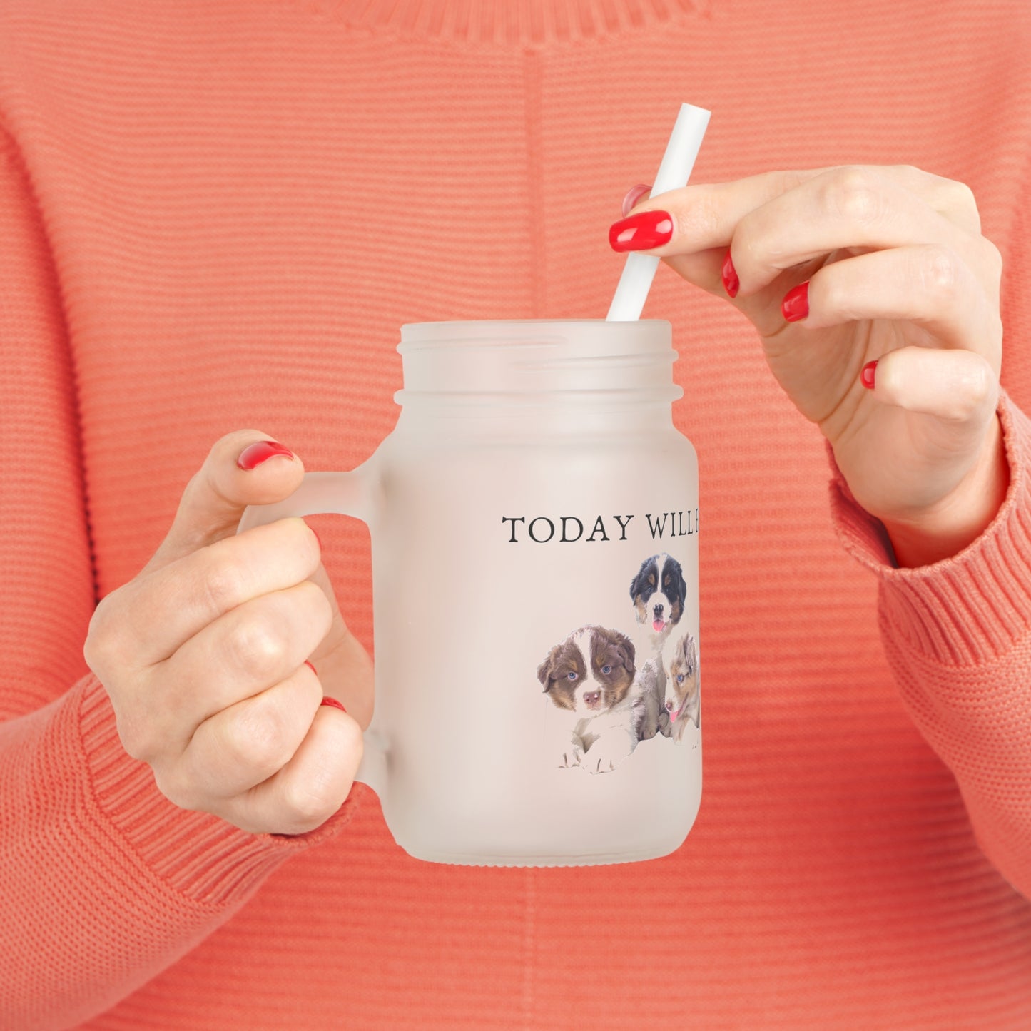 Today Will Be Aussome Aussie Puppies - Mason Jar With Straw And Lid, 355ml