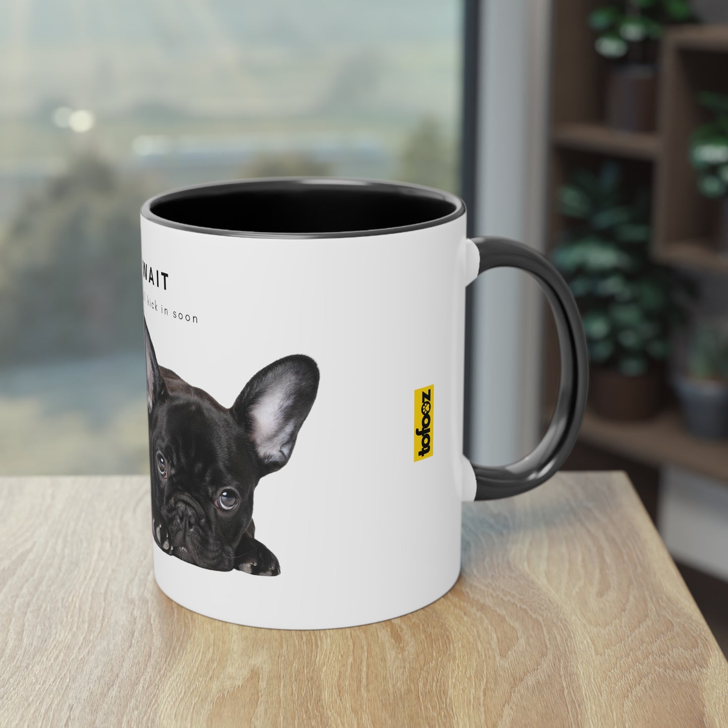 Just Wait Caffeine Black French Bulldog Puppy Two-Tone Coffee Mug, 325ml - White