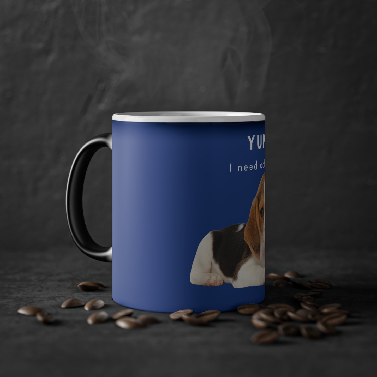 Yup I Need Coffee Beagle Magic Mug, 325ml - Dark Blue