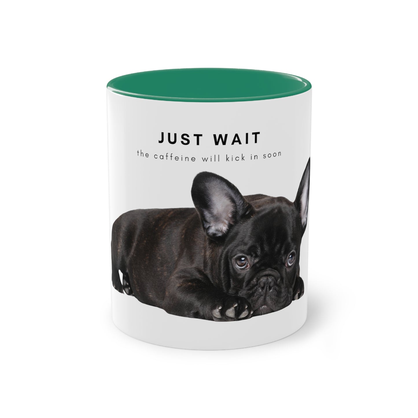 Just Wait Caffeine Black French Bulldog Puppy Two-Tone Coffee Mug, 325ml - White