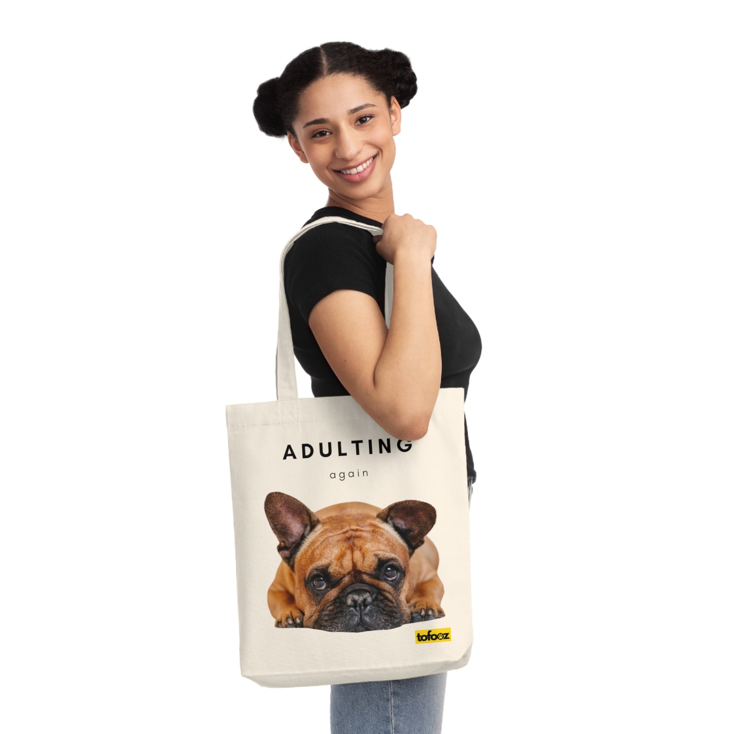 Adulting Again Brown French Bulldog Woven Tote Bag