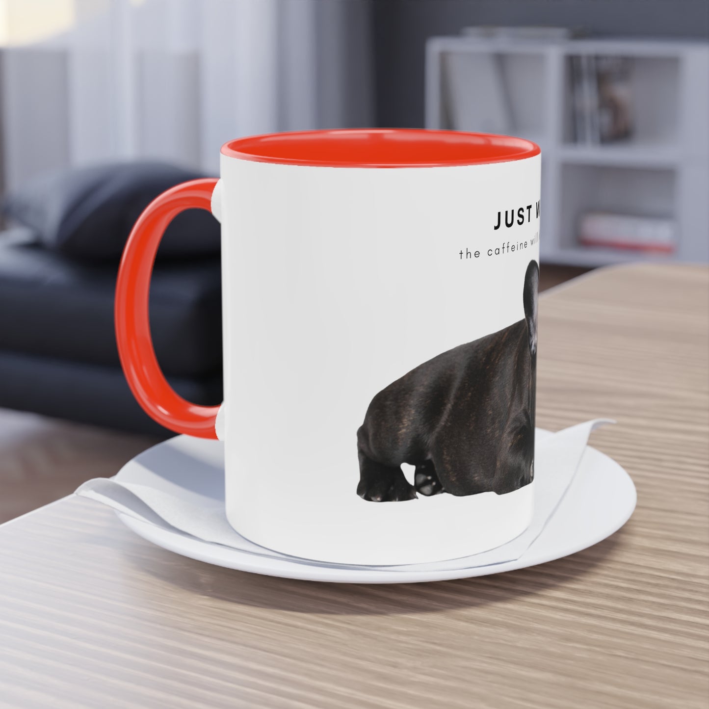 Just Wait Caffeine Black French Bulldog Puppy Two-Tone Coffee Mug, 325ml - White