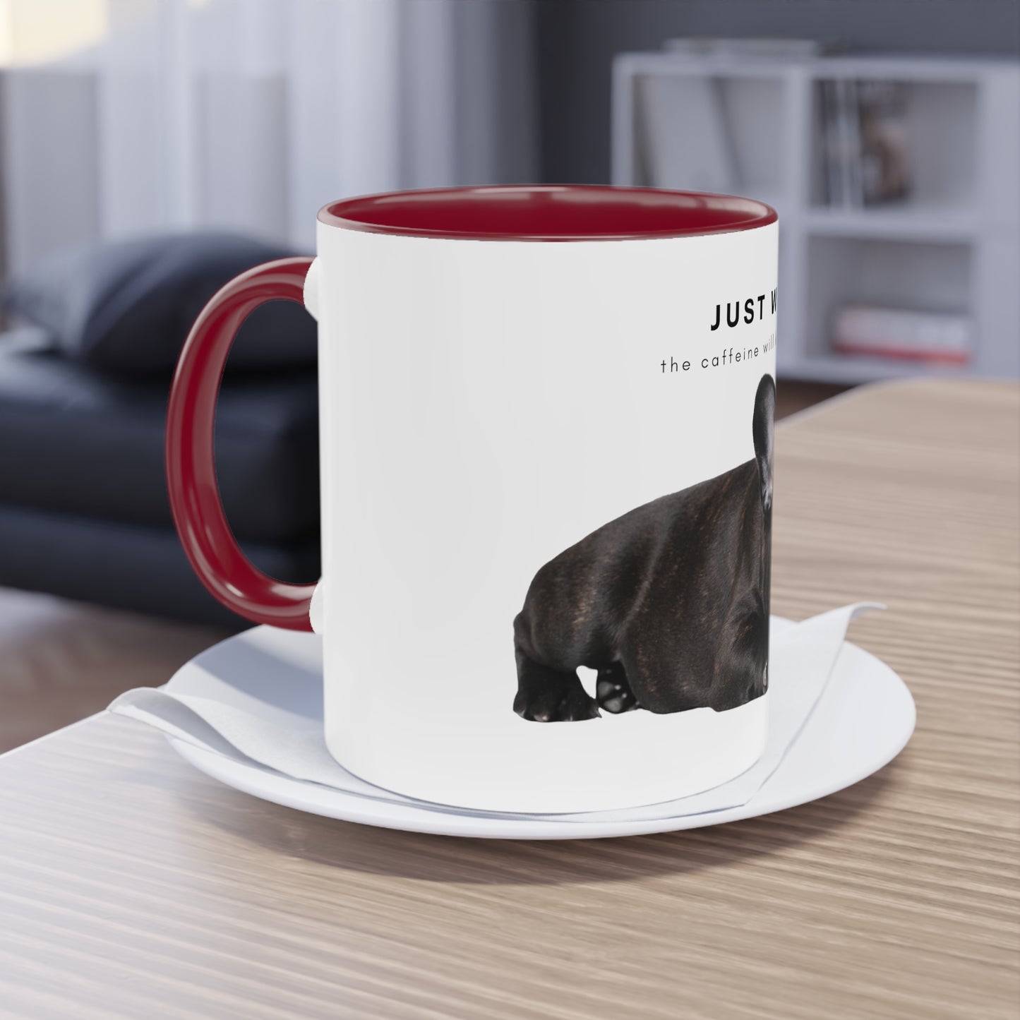 Just Wait Caffeine Black French Bulldog Puppy Two-Tone Coffee Mug, 325ml - White