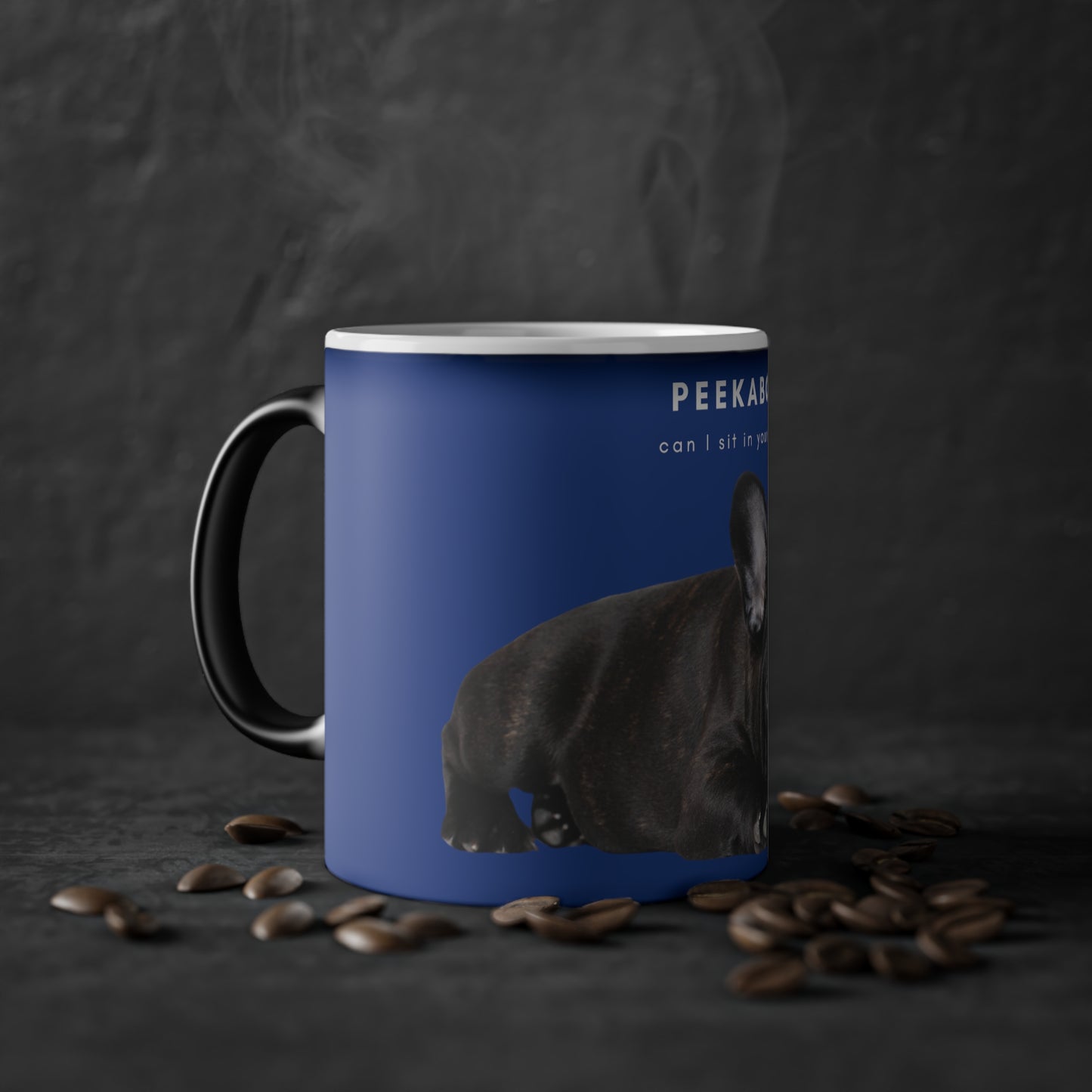 Peekaboo Sit In Your Lap Black French Bulldog Puppy Magic Mug, 325ml - Blue