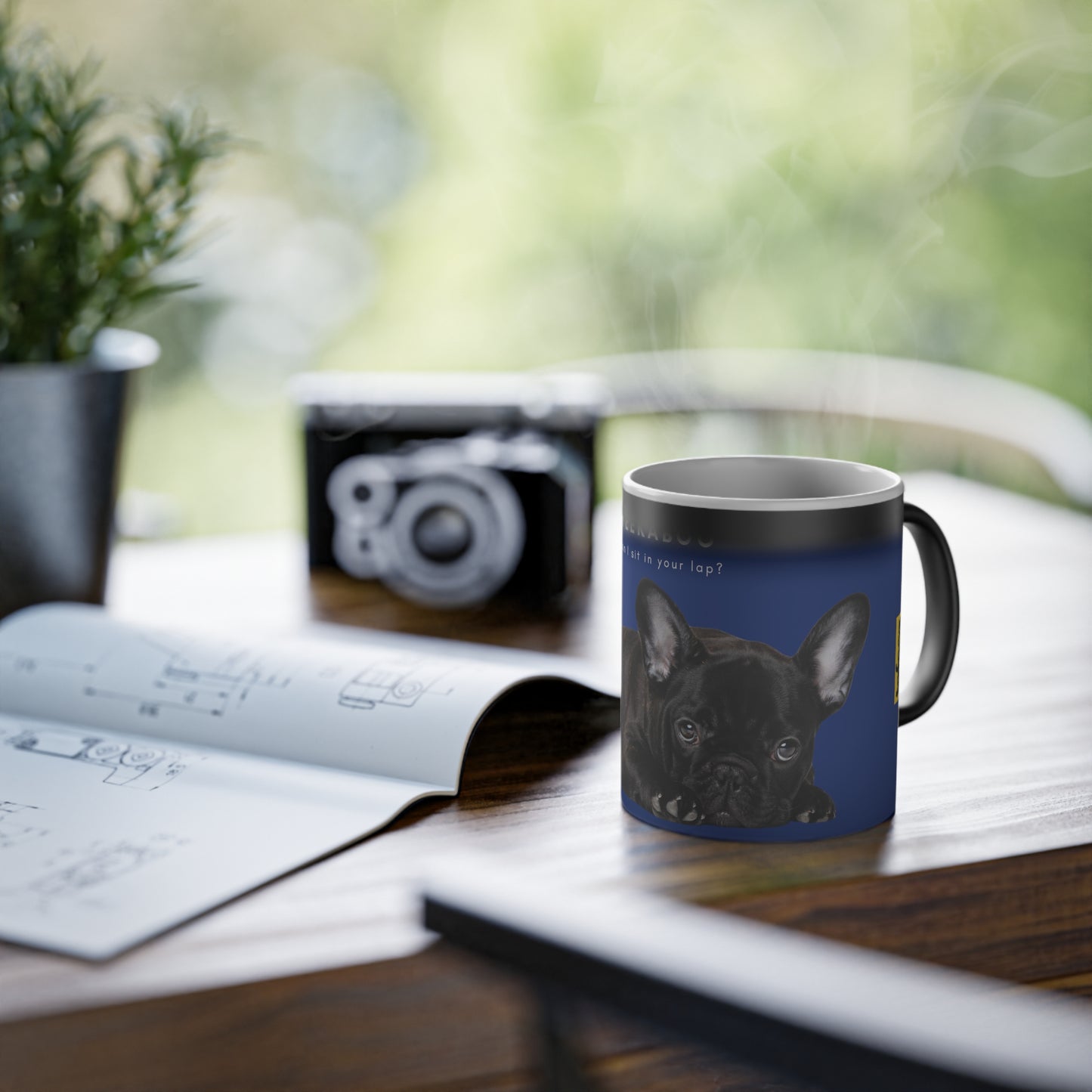 Peekaboo Sit In Your Lap Black French Bulldog Puppy Magic Mug, 325ml - Blue