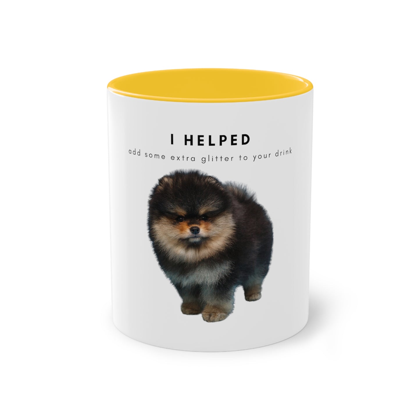 I Helped Add Glitter Black Tan Pomeranian Puppy Two-Tone Coffee Mug, 325ml - White