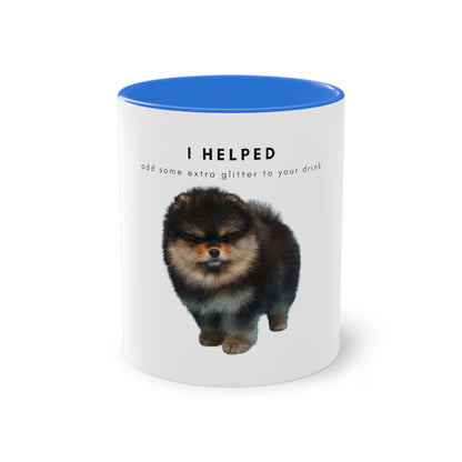 I Helped Add Glitter Black Tan Pomeranian Puppy Two-Tone Coffee Mug, 325ml - White