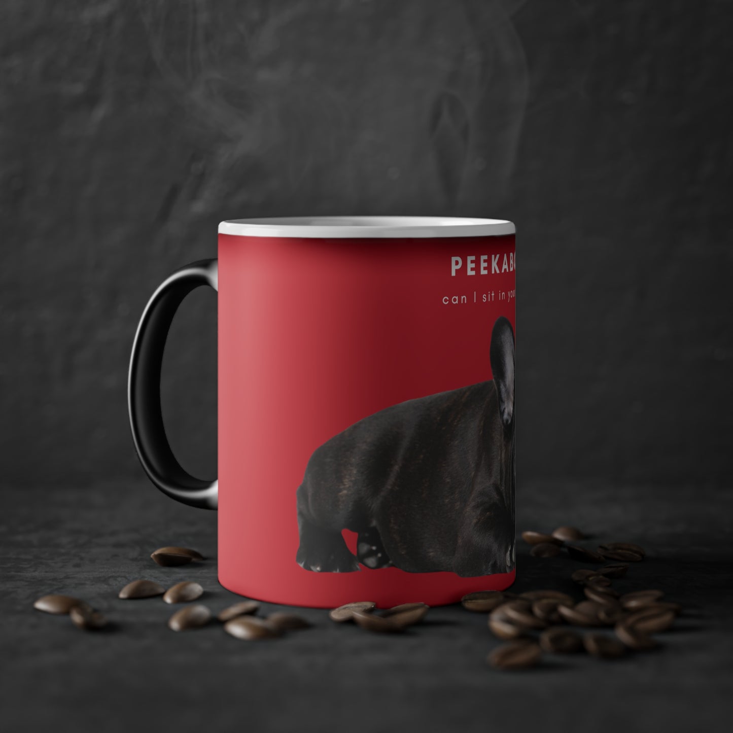 Peekaboo Sit In Your Lap Black French Bulldog Puppy Magic Mug, 325ml - Red