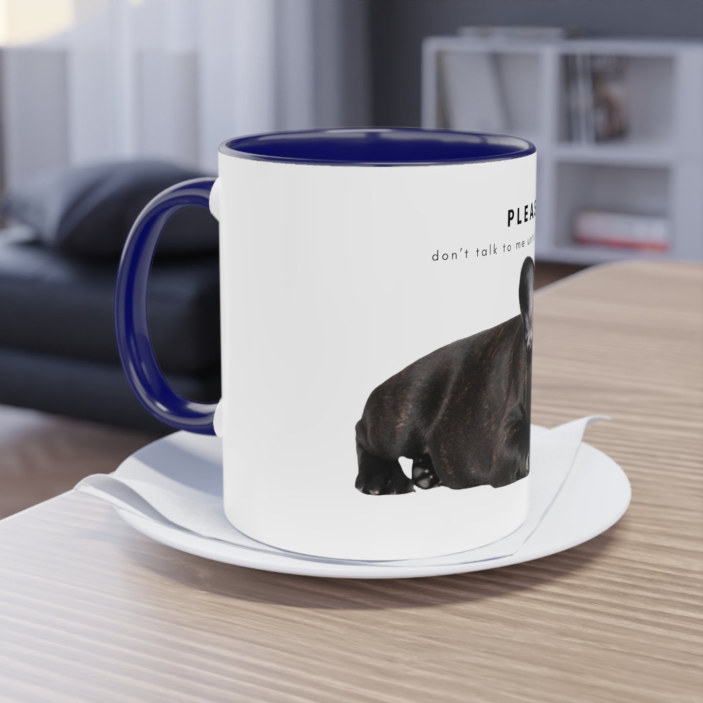 Please Don't Talk Coffee Black French Bulldog Puppy Two-Tone Coffee Mug, 325ml - White