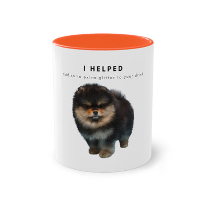 I Helped Add Glitter Black Tan Pomeranian Puppy Two-Tone Coffee Mug, 325ml - White